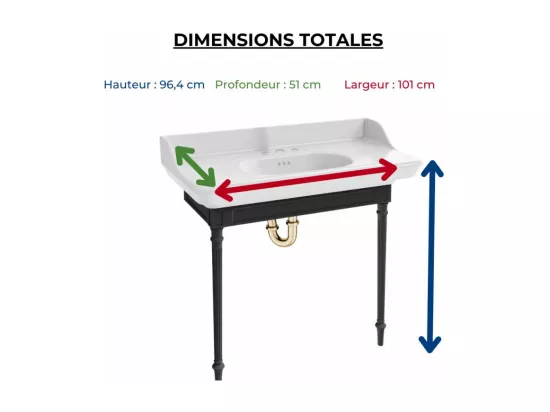 Console JACOB DELAFON Cléo 1889 avec plan vasque 3 trous + colonne droite + siphon or