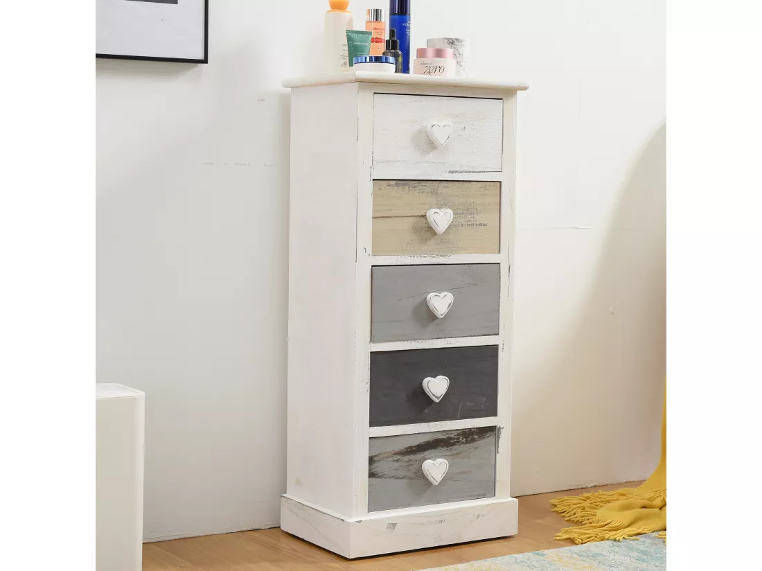 Chiffonnier Muble 5 Tiroirs Bois Blanc Beige Gris 83,5x37x27