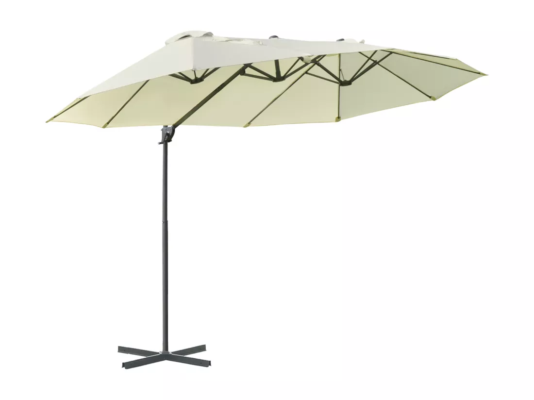 Parasol déporté grande taille XXL inclinable dim. 4,4L x 2,7l x 2,5H m piètement en acier inclus polyester crème