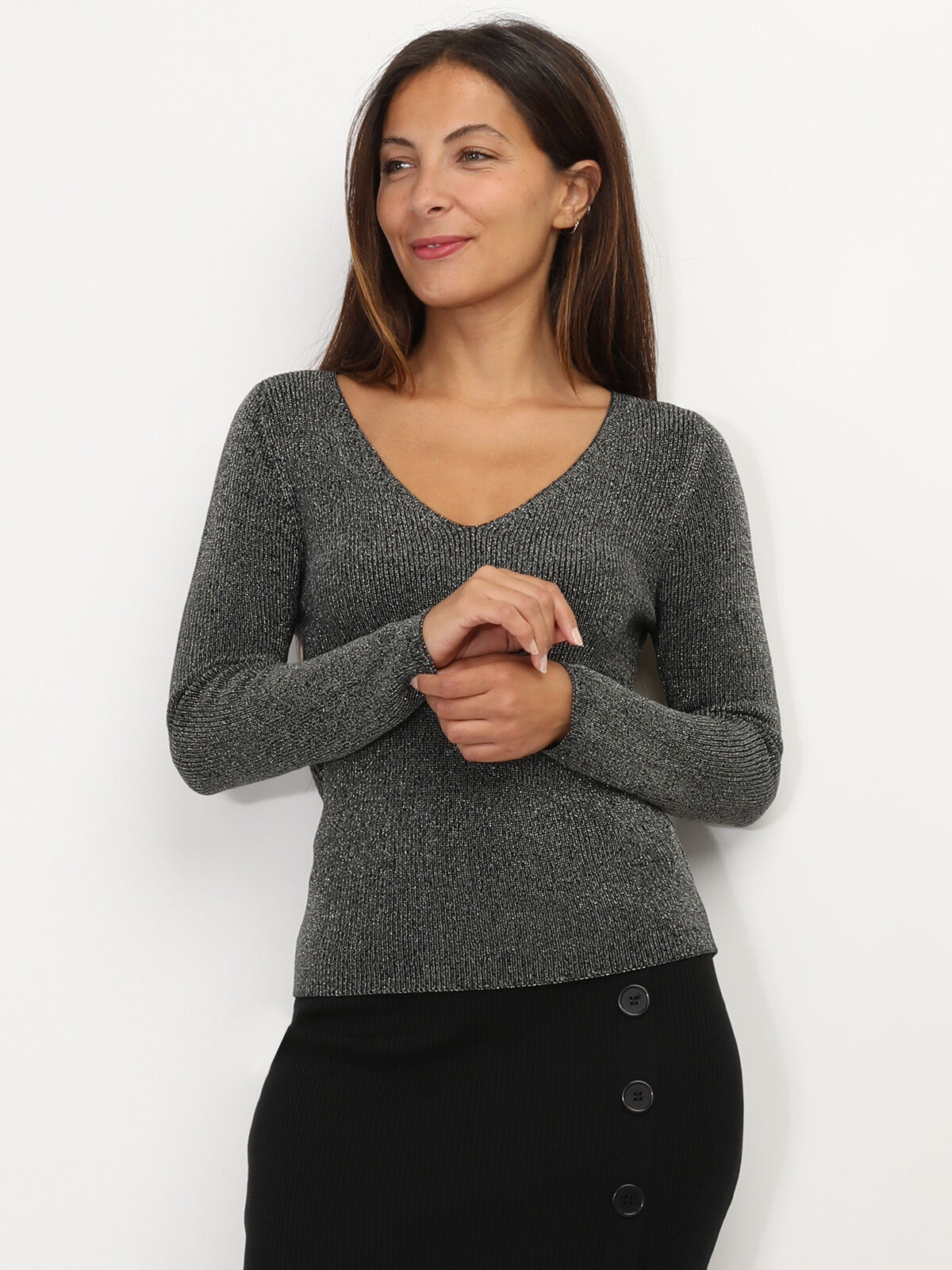 Top en fine maille pailletée- Noir