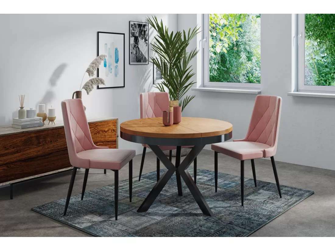 Table à Manger Ronde Extensible Style Loft - Grande Table Industrielle Avec Pieds En Métal - Gain De Place Pour Salon Et Séjour - Chêne Lancelot - 100 à 140 Cm