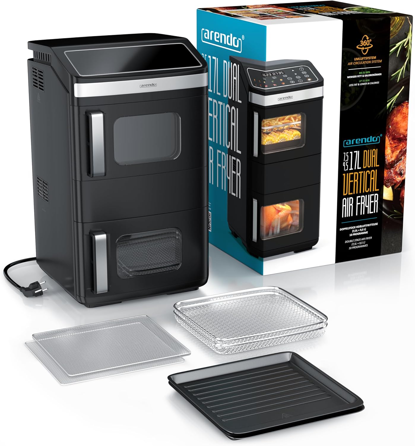 Arendo - Heißluftfritteuse 2 Kammern - XXL Dual Zone – 17 Liter – 2800 W – 2 Zonen – Touch Bedienfeld – mit Sichtfenster – Synch- und Match-Funktion – Doppelstöckig – 3D Umluftsystem