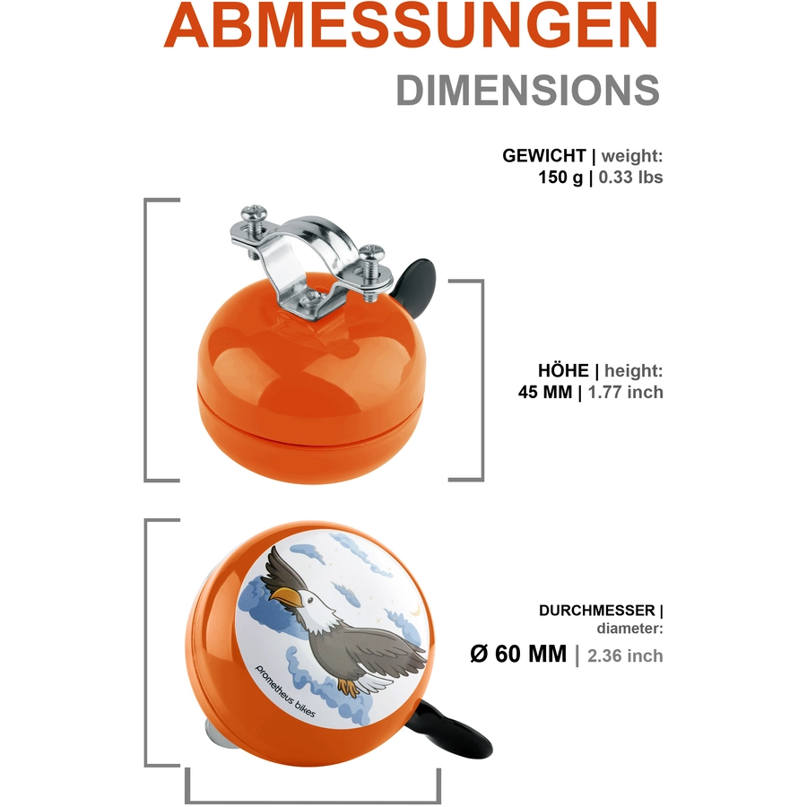 PROMETHEUS BICYCLES® Klingel für Kinder - Ding Dong Kinder-Fahrrad-Glocke - 60 mm - Links Montage, Orange