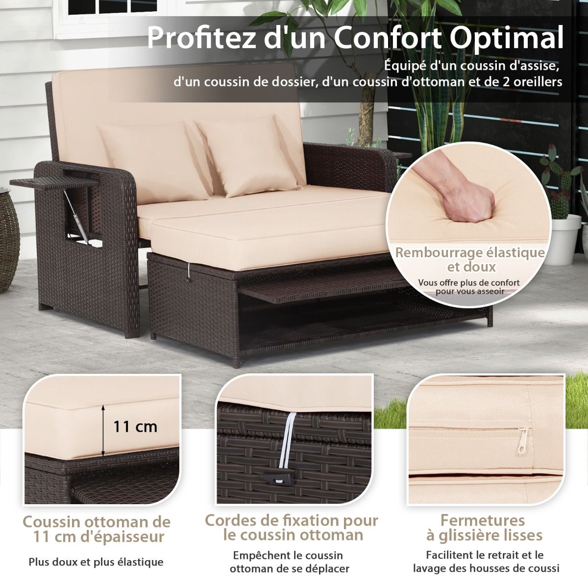 Salon de Jardin Extérieur Ajustable à Lit, 2 Place avec Stockage Caché, Dossier Réglable à 4 Niveaux en Rotin PE - Lidl-Manfred