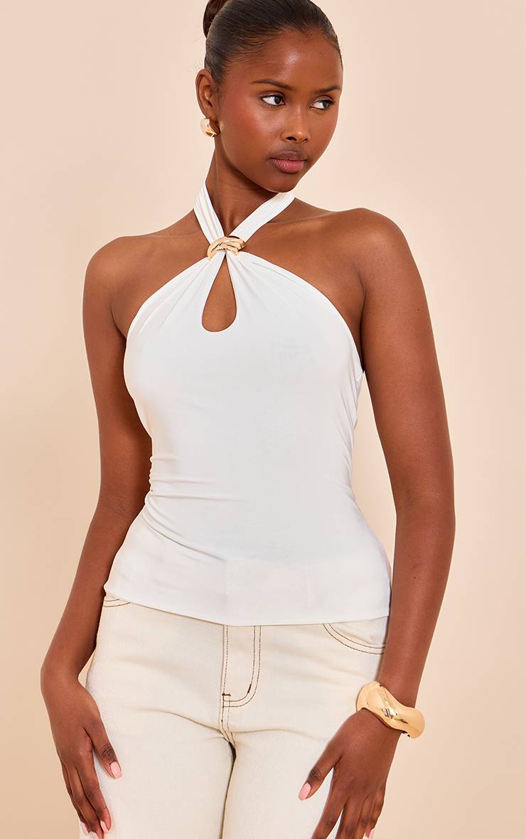 Crème Haut Long À Col Licou Double Couche En Tissu Slinky Avec Finitions Contrastées
