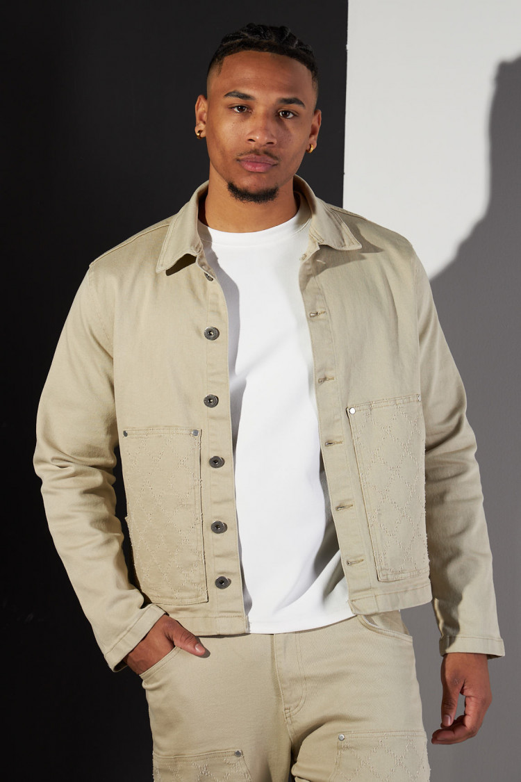 Ensemble 2 pièces veste + jean beige à motif losange