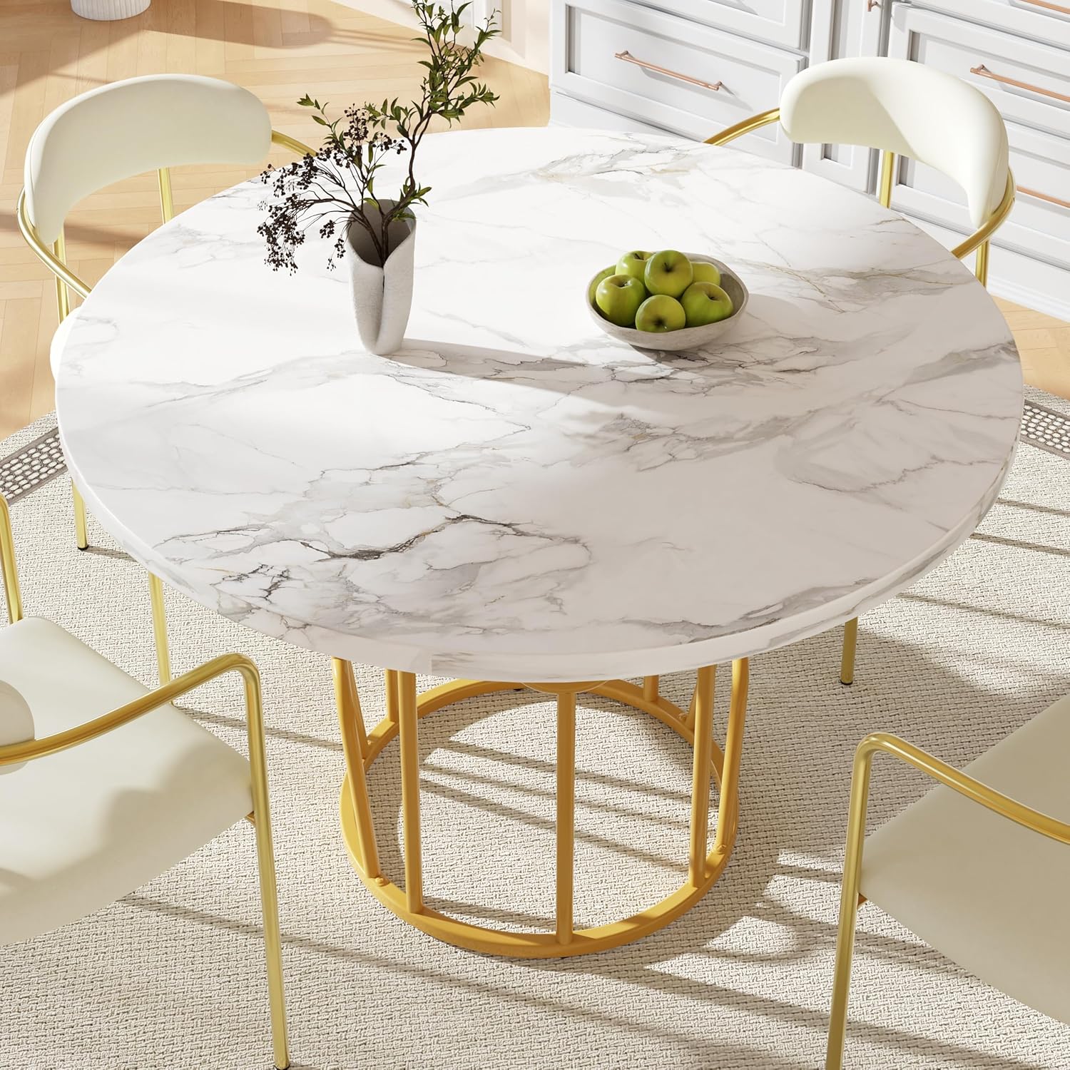 Runder Esstisch 80cm weiß mit Marmoroptik und goldfarbenen Metallbeinen, Küchentisch & Esszimmertisch für 4-6 Personen, moderner runder Tisch mit stabilem Design