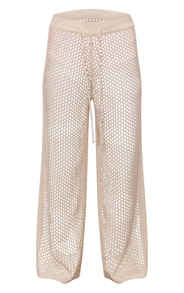 Crème Pantalon De Jogging En Maille Crochet À Détails Rayés