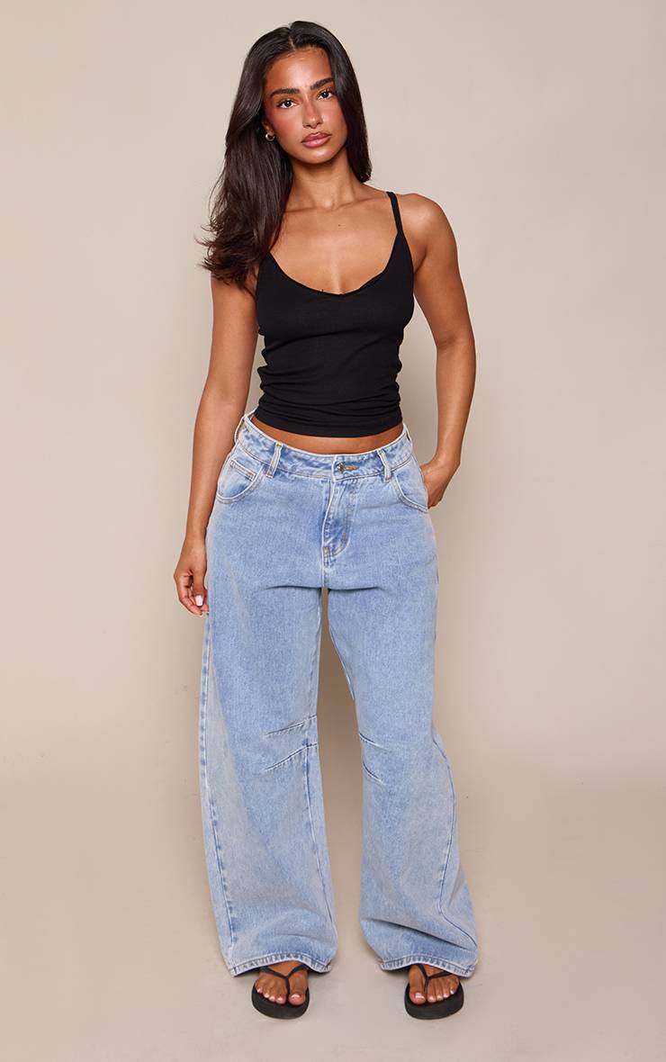 Mid Blue Wash Jean Barrel Petite Bleu Moyen Avec Détails De Coutures