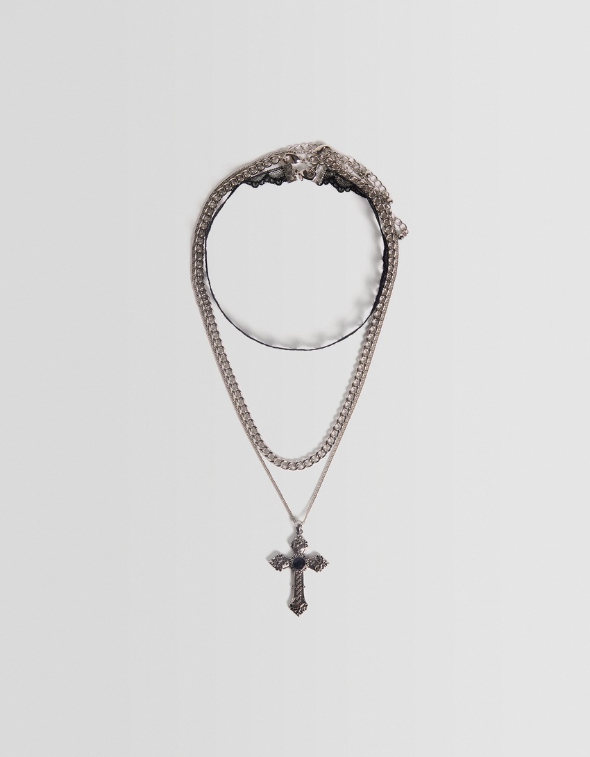 Conjunto de 3 colares com pingente de cruz e corrente de strass