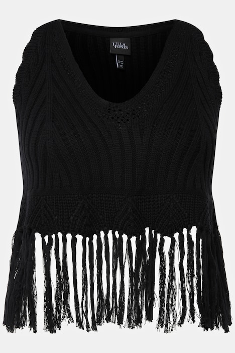 Stricktop, Fransensaum, A-Linie, V-Ausschnitt, ärmellos