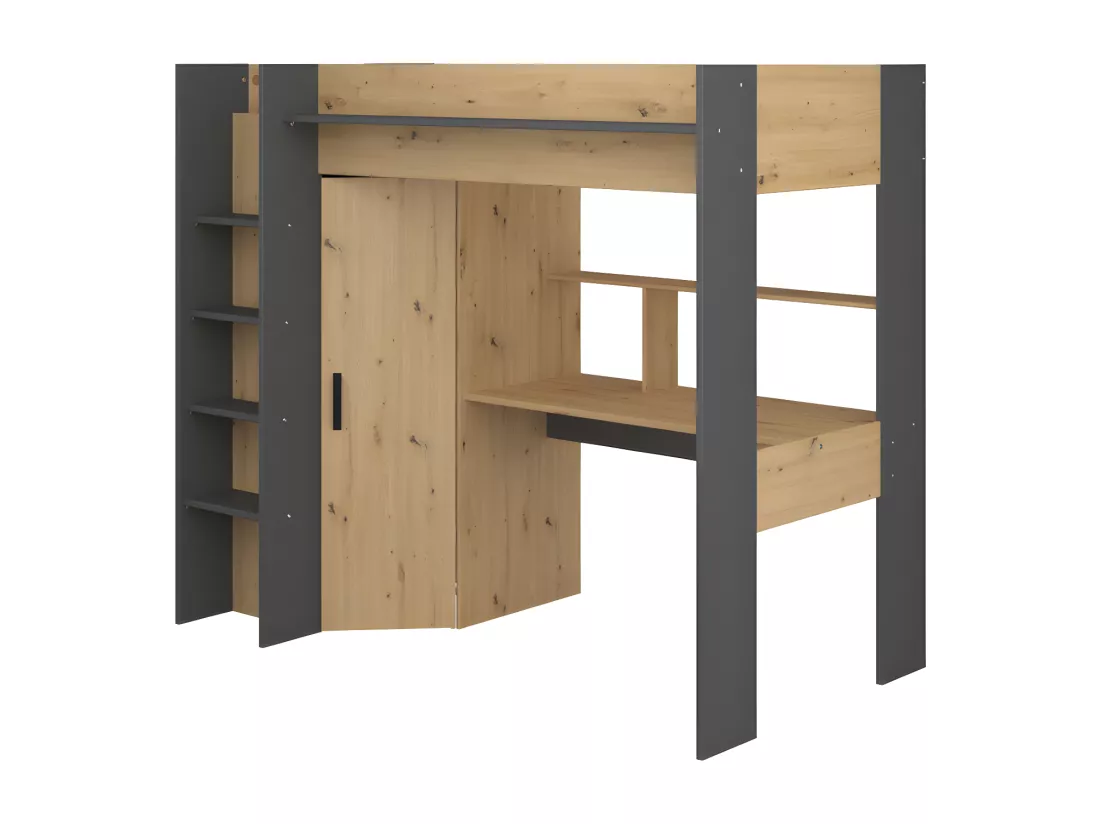 Lit mezzanine avec bureau et armoire - 90 x 200 cm - Coloris : Naturel et anthracite - AUCKLAND