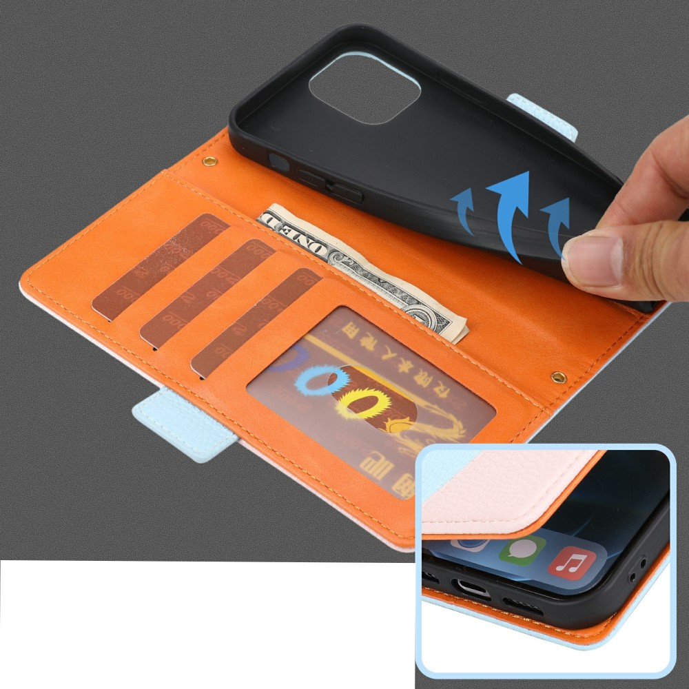iPhone 12 / iPhone 12 Pro Leder Tasche Flip Cover Litchi Look mit Kartenfächern Geometrisches Design - Blau / Rosa / Weiss