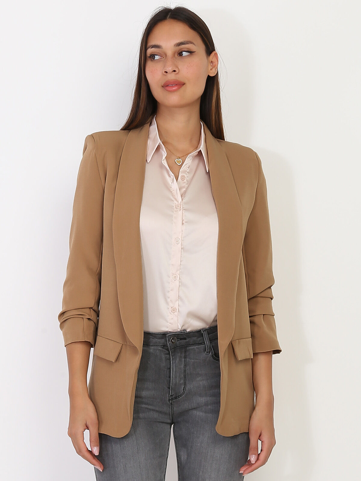 Veste blazer à manches retroussées- Camel