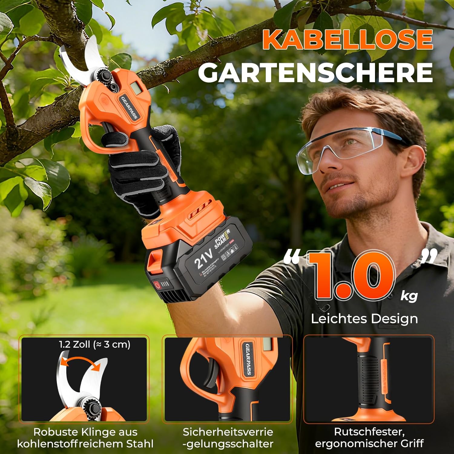 4-in-1 Akku-Hochentaster, 20cm Mini-Kettensäge & elektrische Gartenschere mit bürstenlosem Motor, automatischer Ölung 4,5 m Reichweite, 2 x 21V 3,0 Ah Akkus für Baumschnitt & Holzbearbeitung