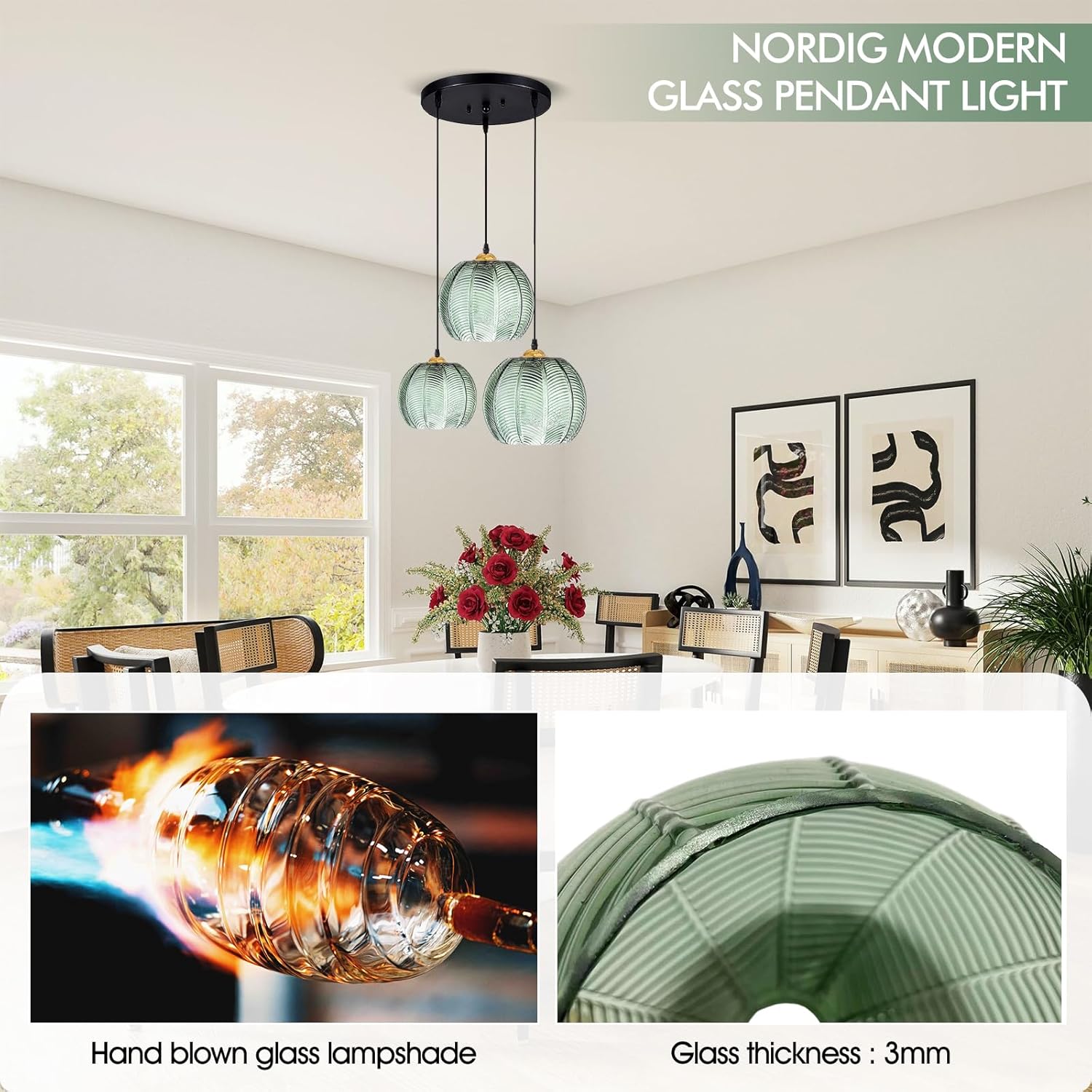 Hängelampe 3 Flammig, Pendelleuchte mit Grünem Glas Lampenschirm Modern für Wohnzimmer Schlafzimmer Esstisch (3 Light)