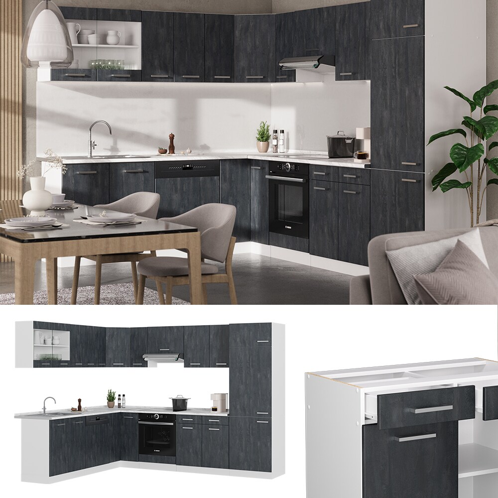 Vicco Eckküche R-Line 287x227 cm Schwarz Beton Weiß mit Arbeitsplatte Weiß Marmor