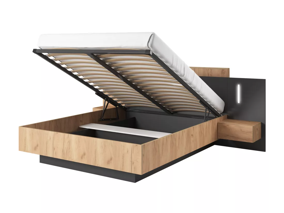 Lit coffre avec chevets 160 x 200 cm - 2 tiroirs - Avec LEDs - Coloris : Naturel et anthracite - FRANCOLI