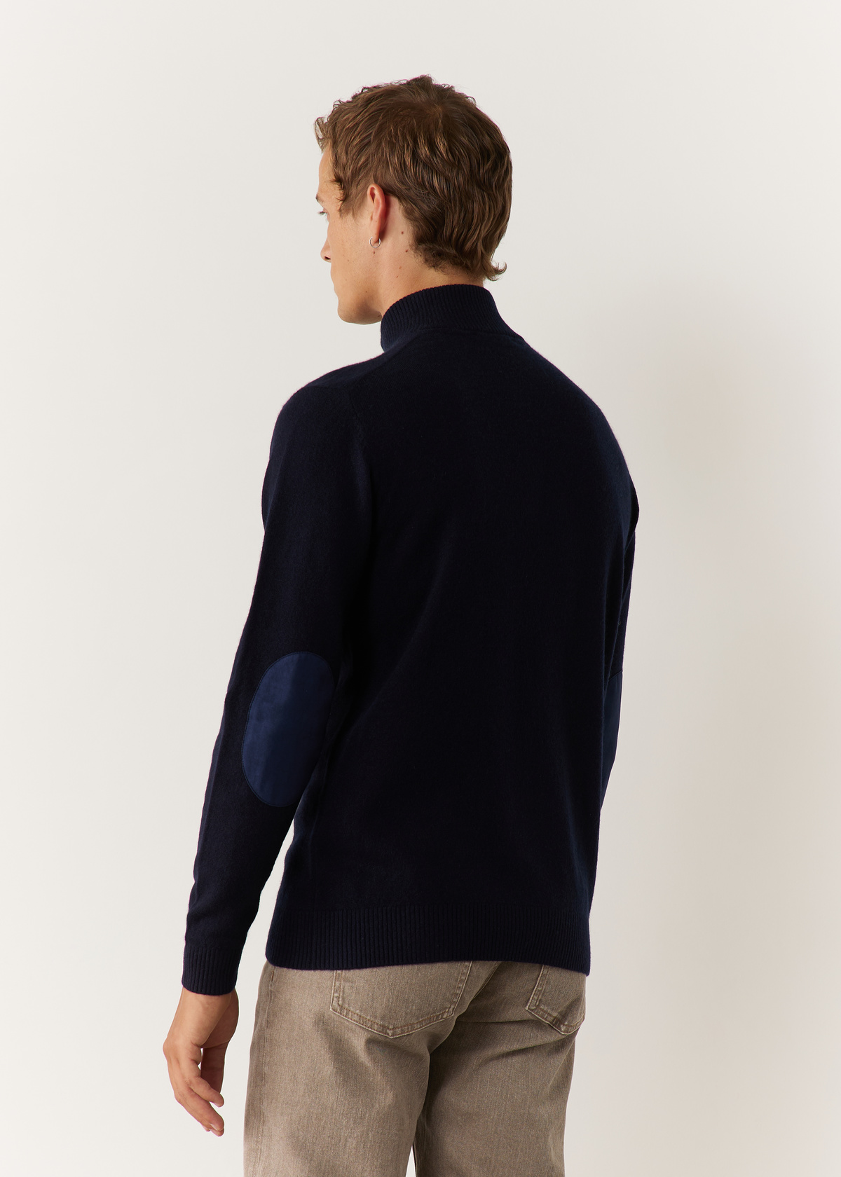 Pull col zippé en cachemire uni bleu marine