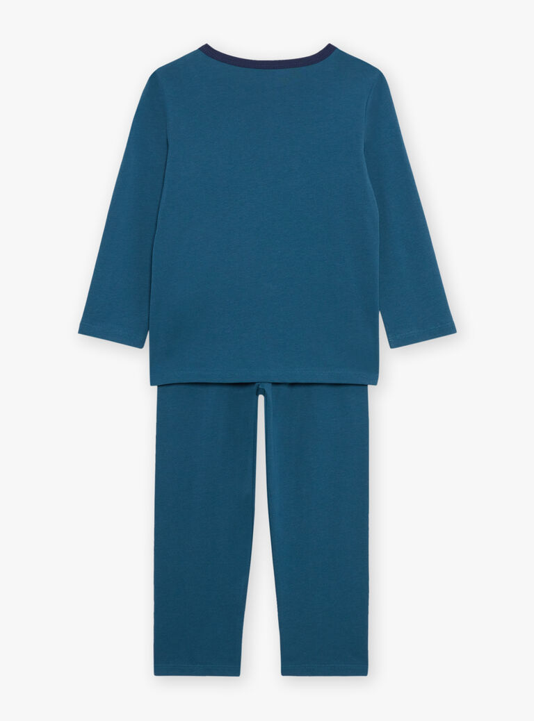 Pyjama deux pièces bleu canard en coton avec cape tête de dinosaure