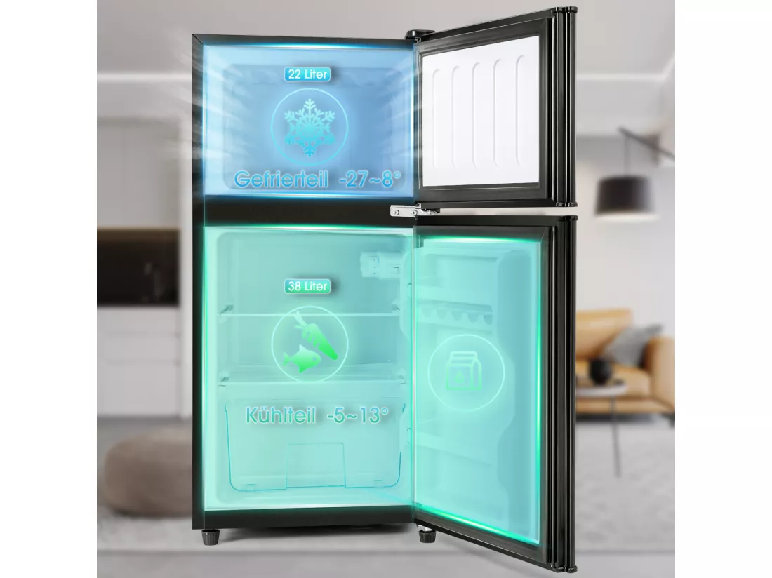 Mini Réfrigérateur - 22L congélateur + 38L réfrigérateur - 42x45.5x86.8cm - 172 kWh/an, lumière LED - Classe F - Noir