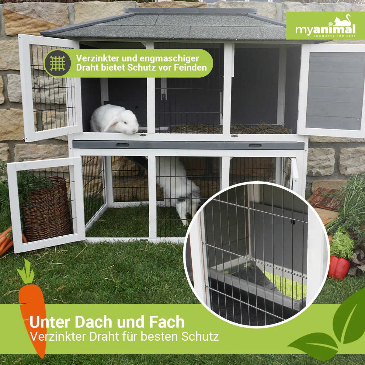 MyAnimal Hasenstall MH-28, 2-stöckig, 4 Türen, wetterfester Kaninchenstall, imprägniertes Holz (Grau/Weiß 2.0)
