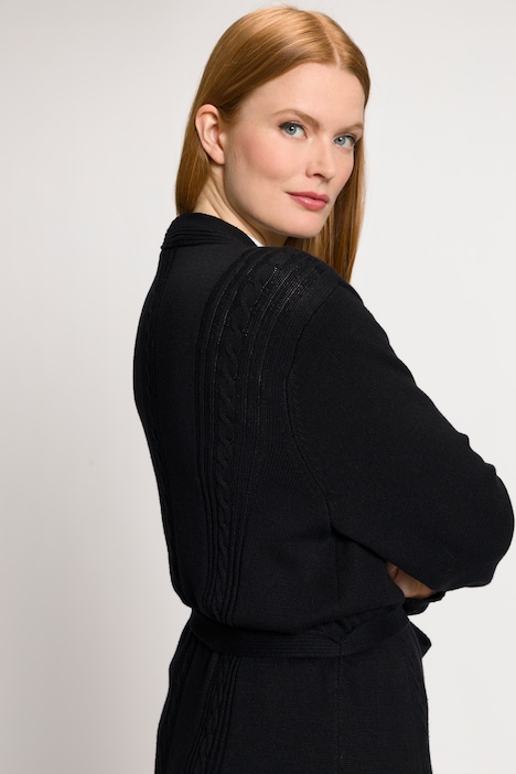 Long-Strickjacke, Zopfmuster, offene A-Linie, Schalkragen