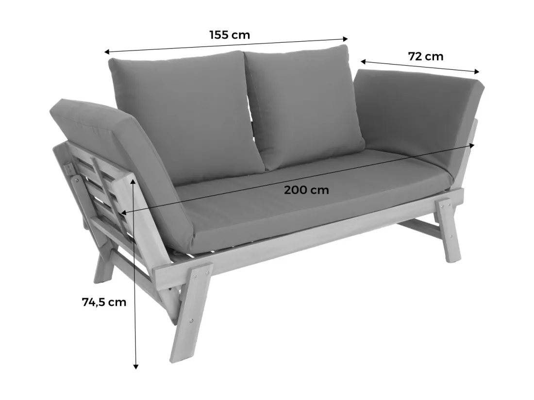 Banquette de jardin beige 2/3 places JALANCE. accoudoirs modulables 155/200x72x74.5cm
