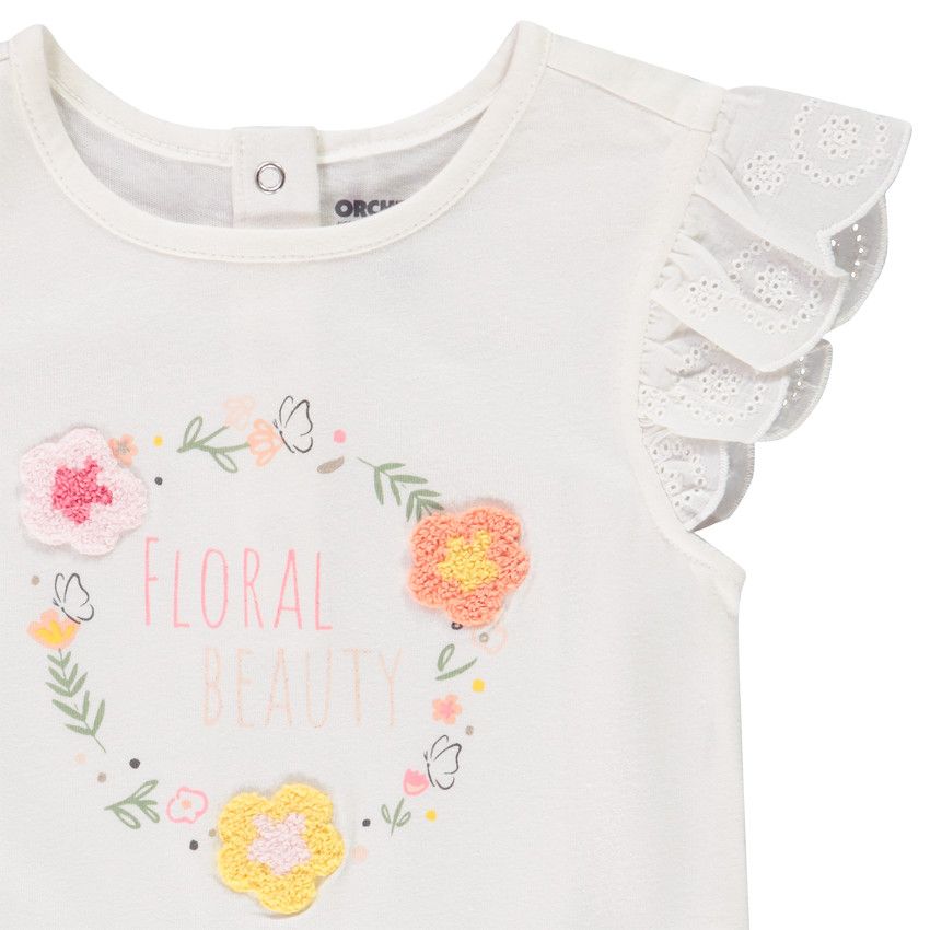 T-shirt manches courtes volantées et print pour bébé fille - Ecru