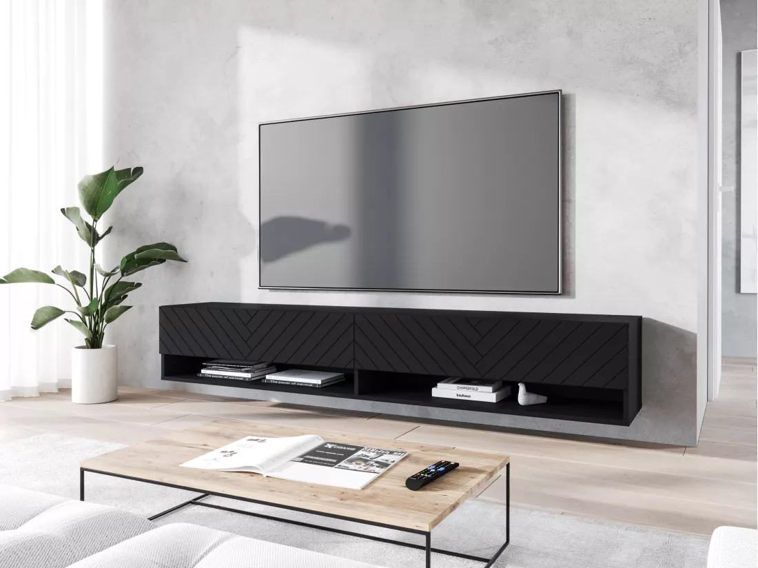 Meuble TV - 180 cm - noir graphite/noir à chevrons - avec LED - WANDER