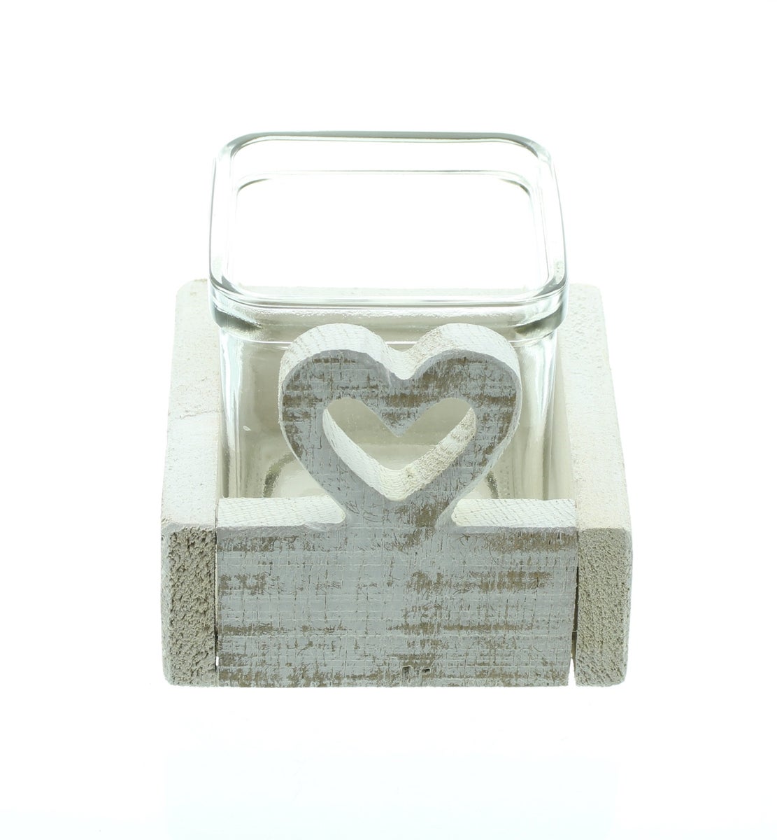 FRANK FLECHTWAREN | Theelichthouder met wit hart, 10 x 10 x 8,5 cm, HOUT, GLAS