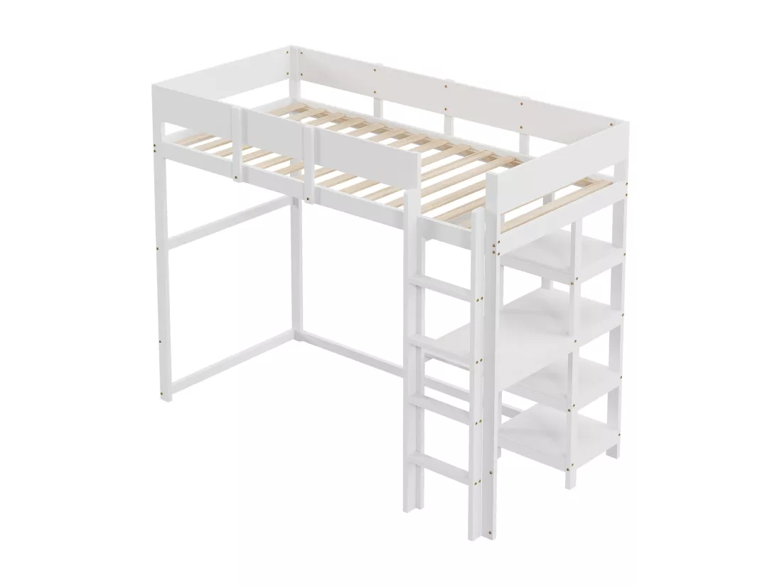 Lit mezzanine 90 x 200 cm avec étagère de rangement pour enfant - bois de pin et MDF - blanc