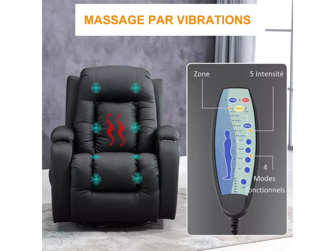 Fauteuil de massage et relaxation électrique chauffant inclinable manuellement repose-pied télécommande noir
