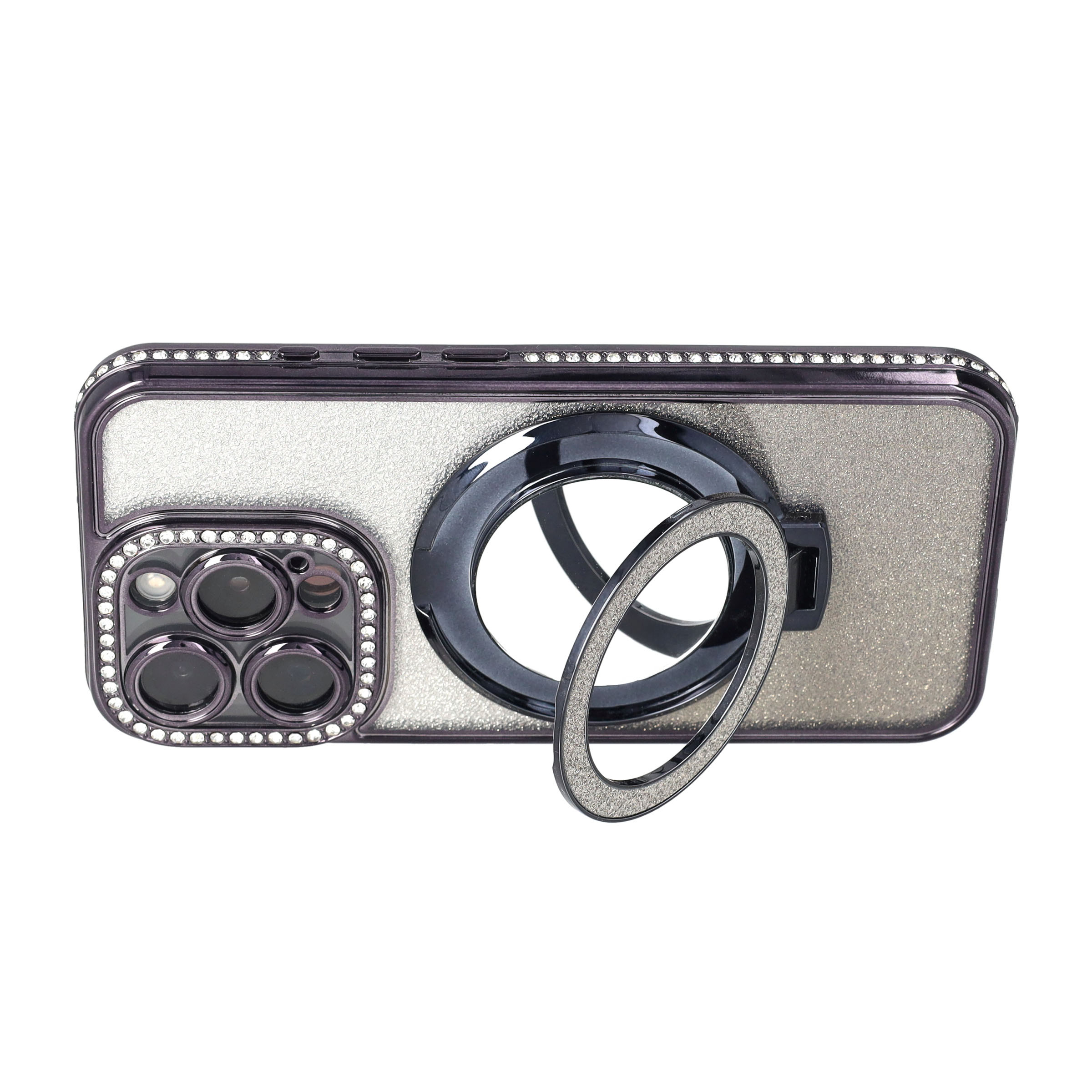 iPhone 16 Pro MagSafe Gummi Case Hülle im Glitzer Design   Magnetischer Kickstand Haltering - Schwarz / Silber