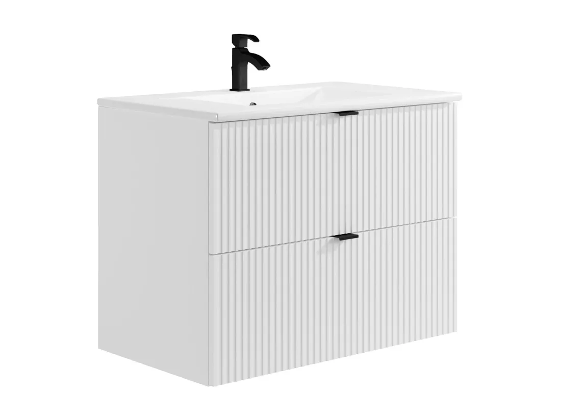 Meuble de salle de bain suspendu strié avec vasque à encastrer - Blanc mat - 80 cm - ZEVINI