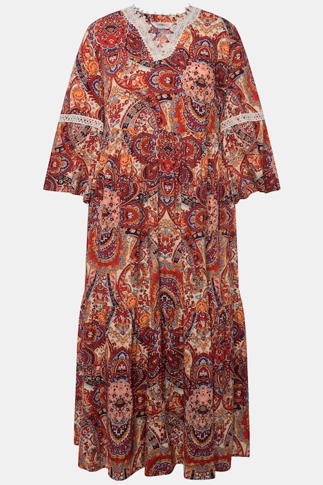 Maxikleid, A-Linie, Alloverdruck, Tunika-Ausschnitt, 3/4-Ärmel