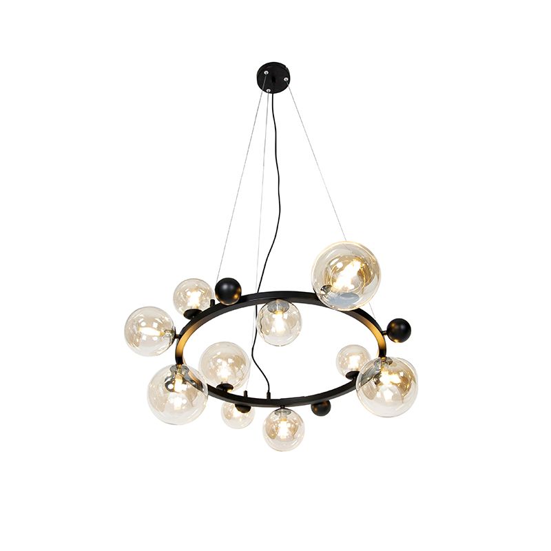 Smart hanglamp zwart met amber glas 12-lichts incl. 12 Wifi G9 - David