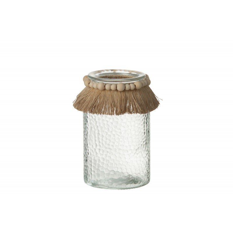 Photophore avec col raffia en verre transparent 12x12x18 cm