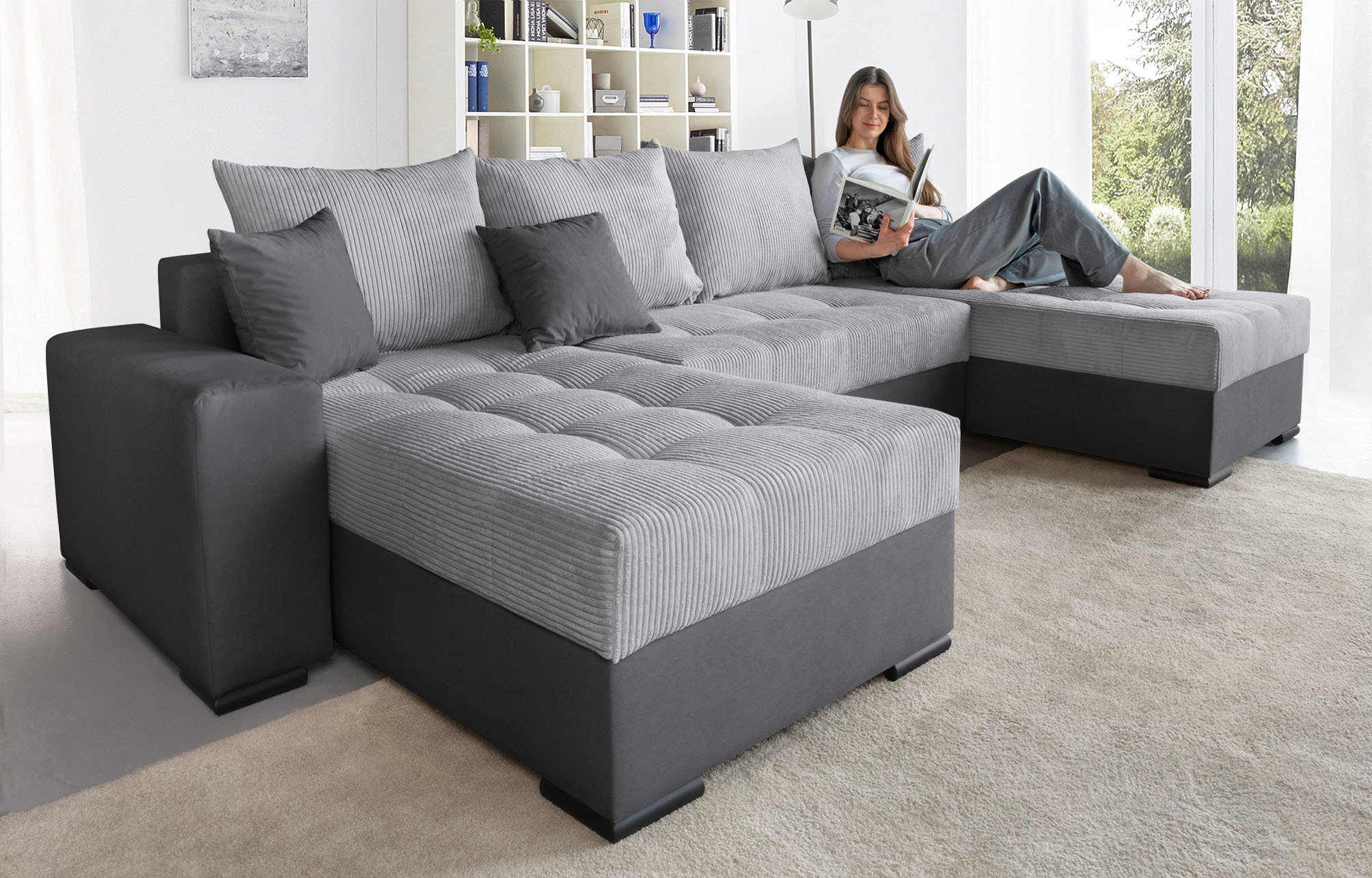 COLLECTION AB Wohnlandschaft »Josy XL U-Form, B: 313 cm in Cord, Cord-Mix« mit Bettfunktion, Bettkasten & 2 Zierkissen, Federkern