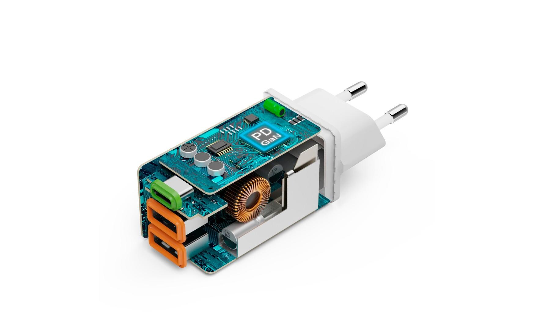 USB-Wandladegerät Gan charger 2x USB-A USB-C 45 W WeissSchnellladegerät mit 1x USB-C und 2x USB-A