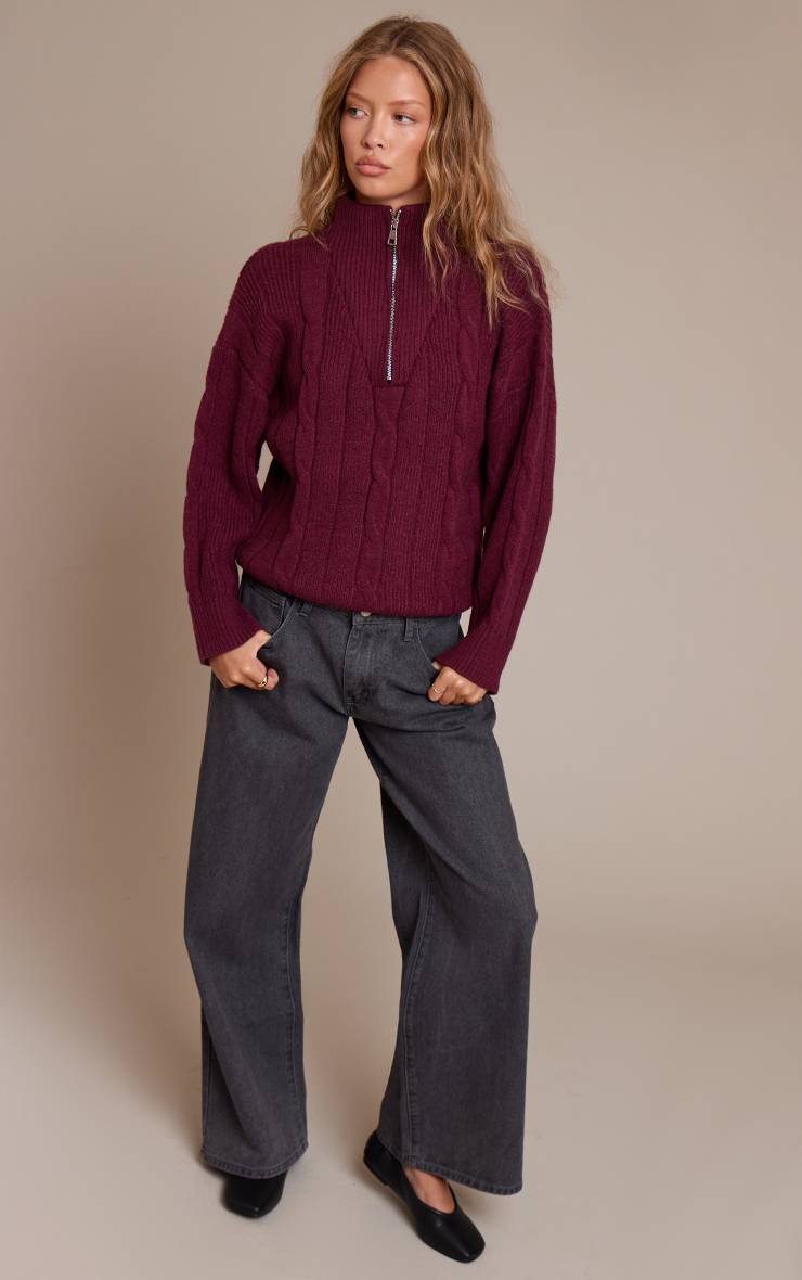 Rouge Bordeaux Synthétiquell Oversize En Maille Torsadée Avec Détail Zippé