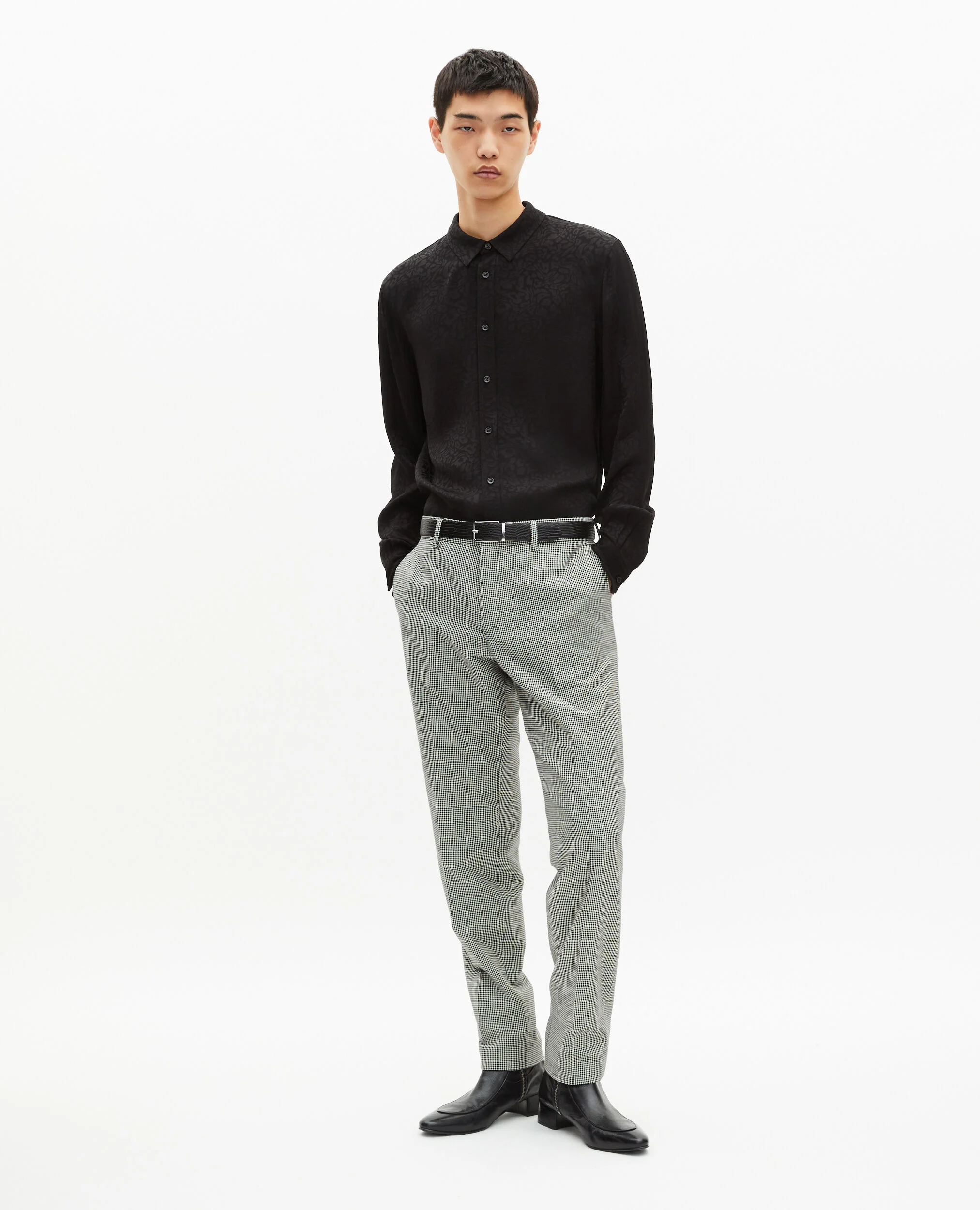 Pantalon de costume ajusté en pied de poule noir et blanc