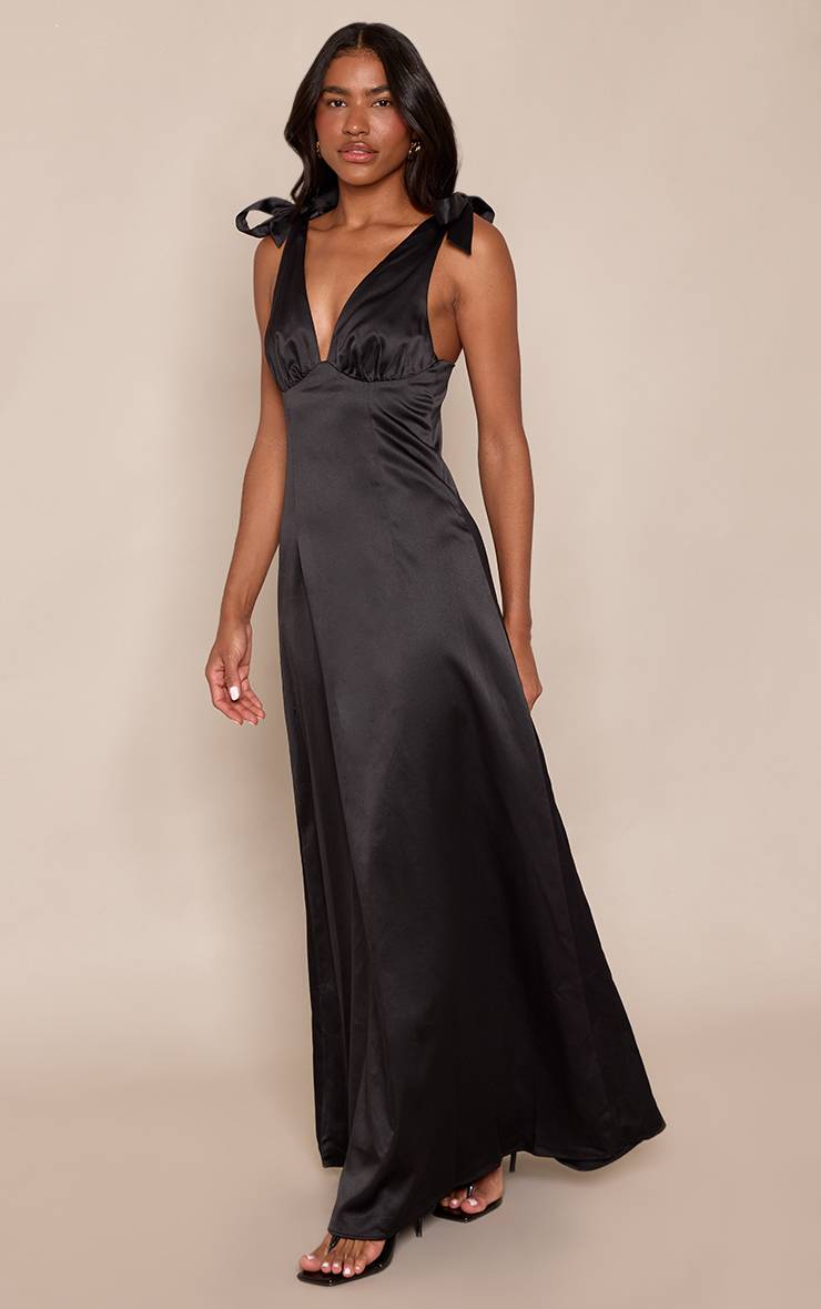 Noir Robe Longue En Satin À Épaules Nouées