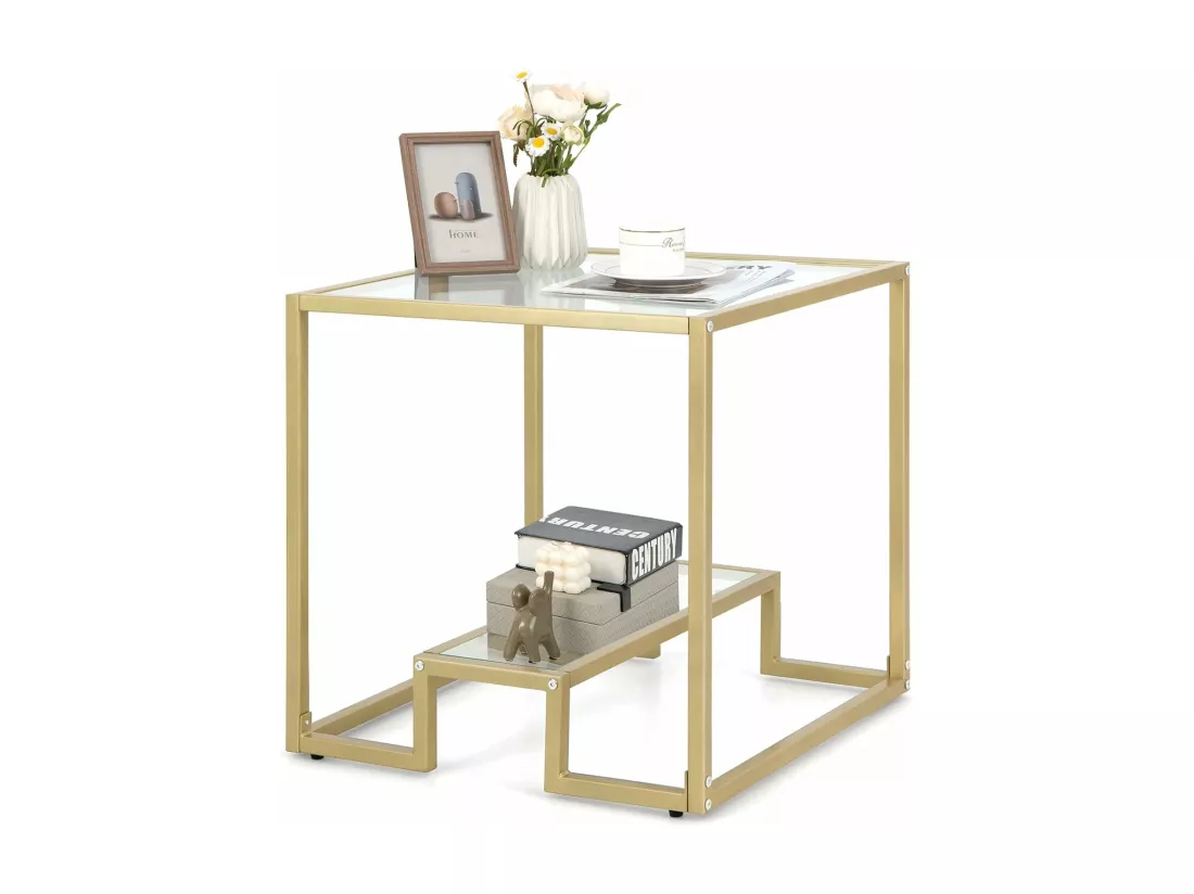 Table d'appoint à 2 étagères en verre, bout de canapé doré 56x56cm avec repose-pieds