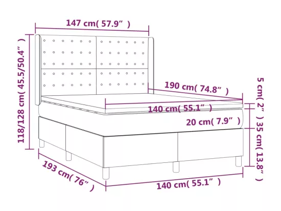 Sommier tapissier matelas et LED Gris foncé 140x190 cm Velours