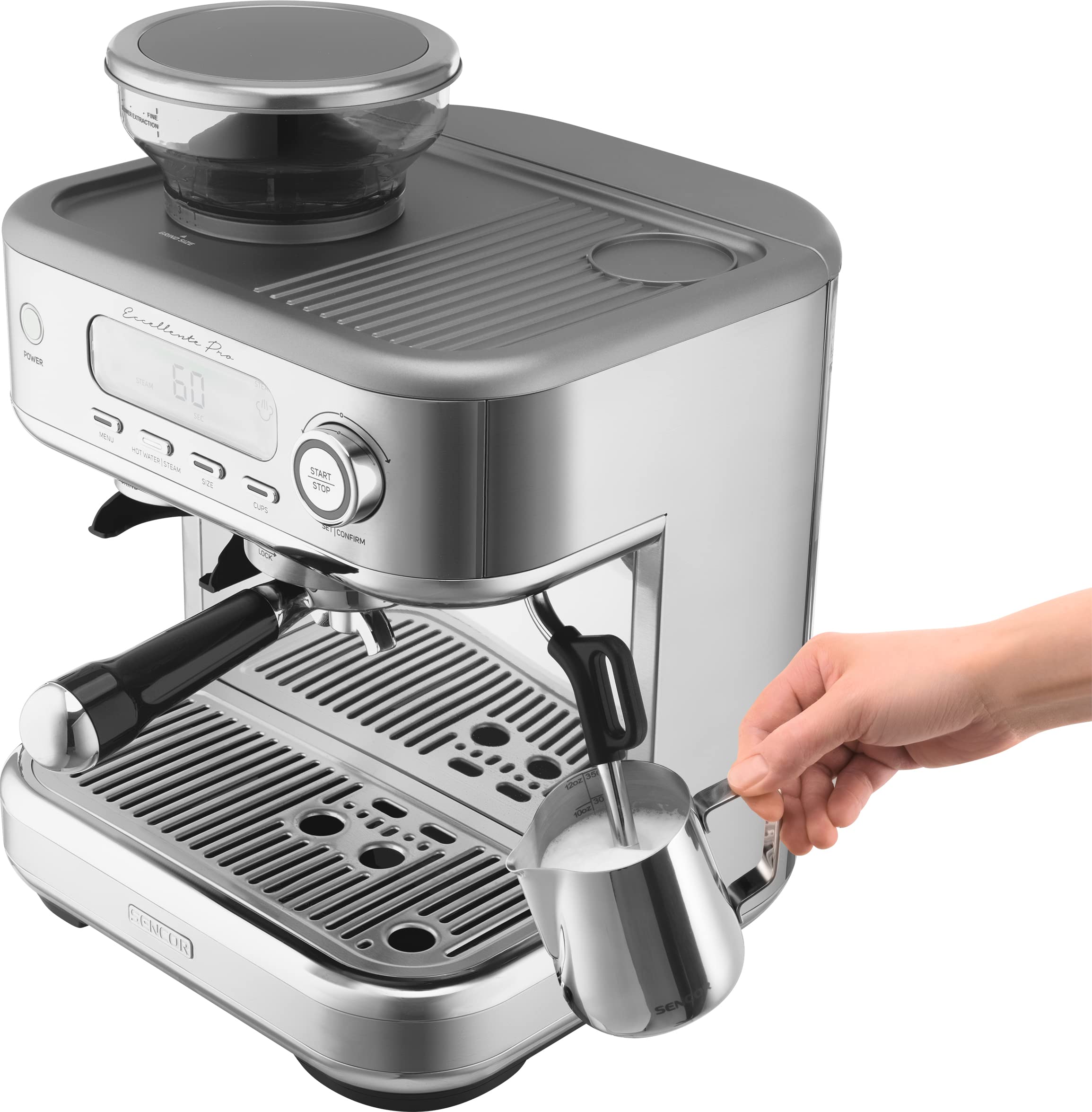 SENCOR Machine Expresso, Mousseur à lait, Broyeur Café à Grain, Ecran LCD, Caftière Espresso, Cappuccino, Expresso avec Broyeur Barista Express, Excel