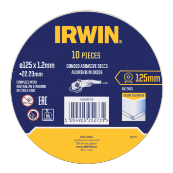 Irwin Pro doorslijpschijven Ø125 mm. Dikte 1.2 mm. Voor metaal. 10 stuks in blik.