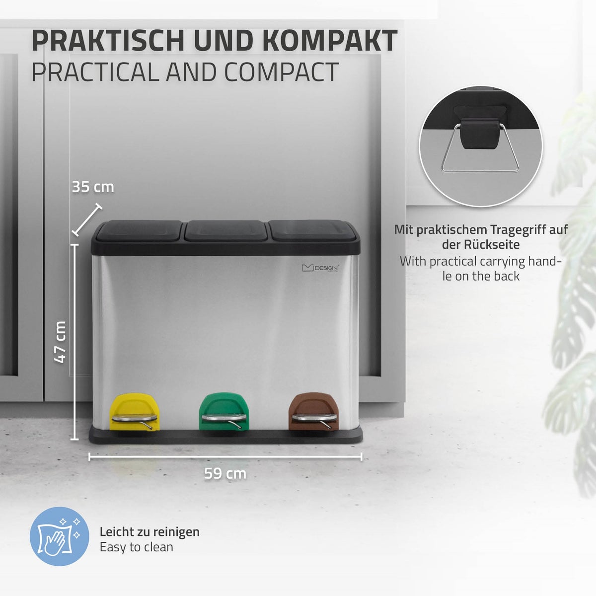 ML-Design Keuken Prullenbak 3x 15L (45L), Zilver, 3-compartimenten afvalscheidingssysteem, Pedaalemmer voor afvalscheiding, RVS-bak met kunststof binnenemmer en scharnierend deksel, Kleurgecodeerd