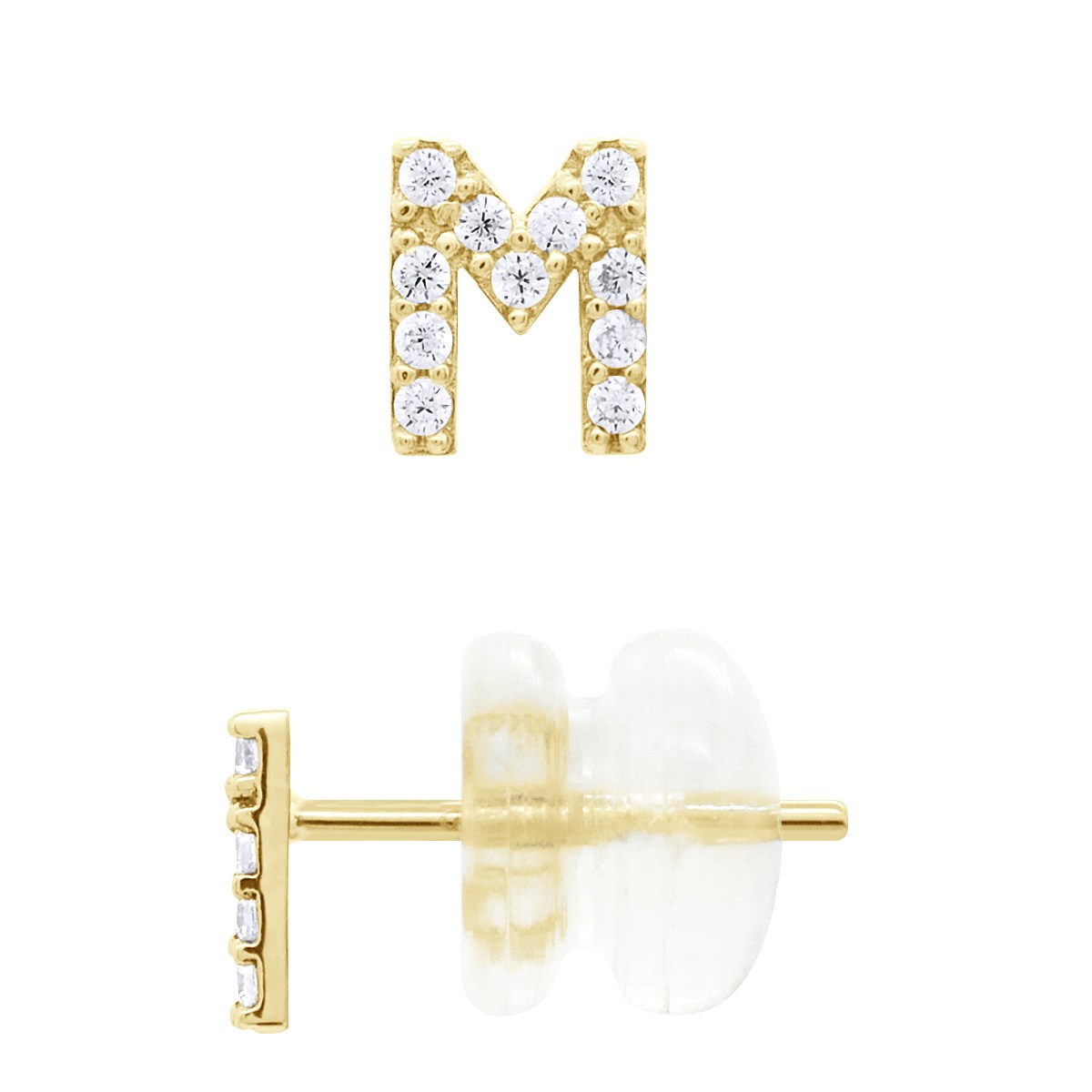 Boucles d'Oreilles Puces - Initiale Lettre M Serties d'Oxydes de Zirconiums - Or Jaune