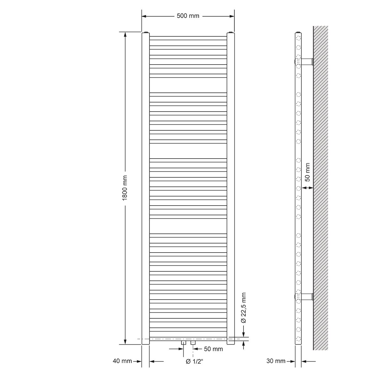 ECD Germany Badkamerradiator, Middenaansluiting, 500 x 1800 mm, Chroom, Recht, met Thermostaat en Aansluitset, Hoek Wandmontage, Chroom - Radiator, Verwarming, Handdoekwarmer, Handdoekdroger, Handdoekradiator